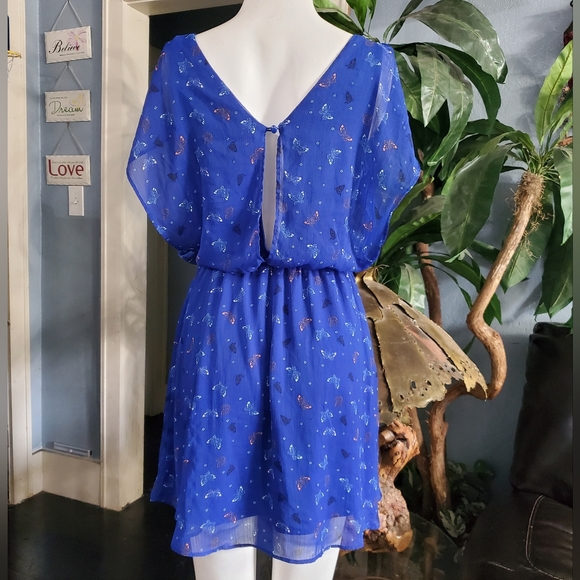 Candie's Blue Butterfly Lined Sundress Waist Defined Summer Mini Dress (S-M) - Picture 3 of 7